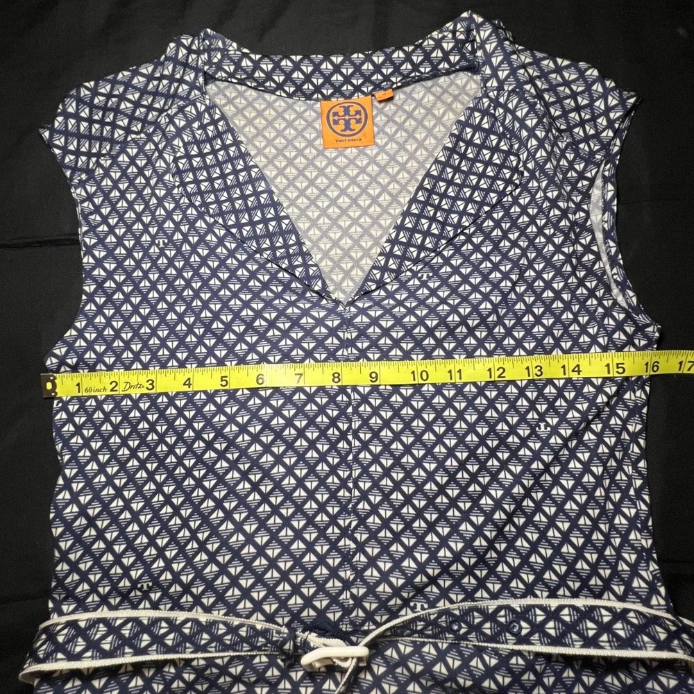 Tory Burch Navy Blue White Geometric Print V-Neck Belted‎ Dress Womens Medium